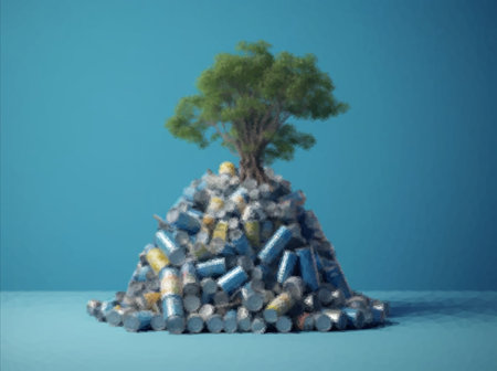 A tree grows from a pile of tin cans, garbage, on a blue backgroundの写真素材