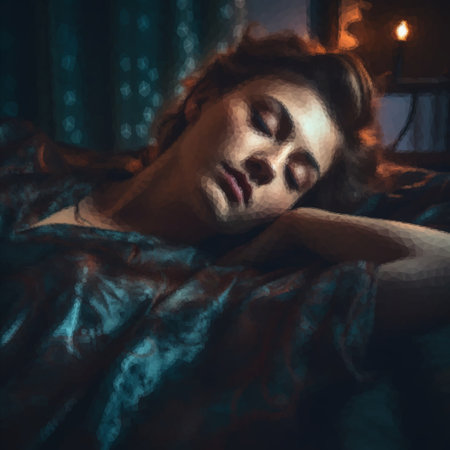 Beautiful woman falls asleep at night in her bedroomの写真素材