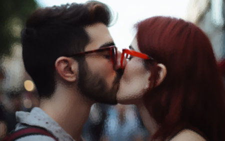 A young couple kisses on a city street. Man and woman in glasses close-up.の写真素材
