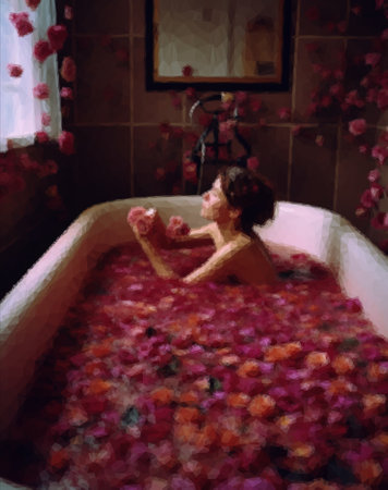 Image of a woman taking a luxurious bath with flower petalsの写真素材
