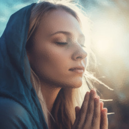 A woman prays with her palms clasped. Faith and religion conceptの写真素材