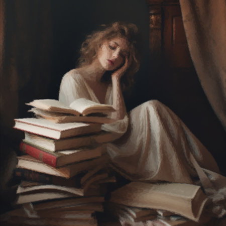 Portrait of a tired girl on the background of books.の写真素材