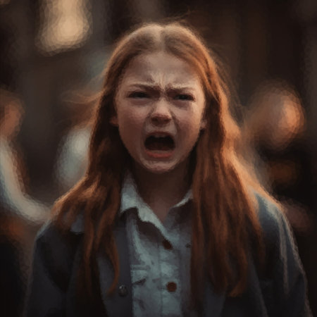 Portrait of a schoolgirl who screams loudly in anger and resentmentの写真素材