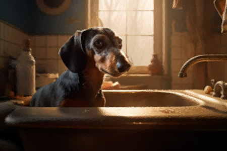 Cute dachshund dog bathes in the bathの写真素材