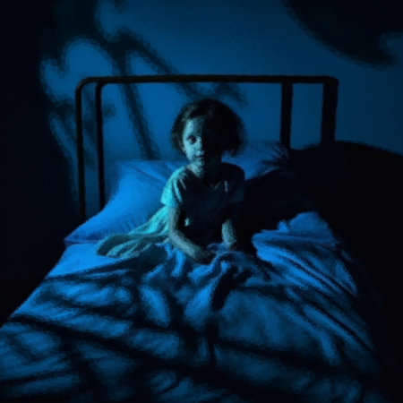 A little girl is sitting on a bed in a dark room with a frightened face. The girl is afraid of monsters after scary stories before going to bed.の写真素材