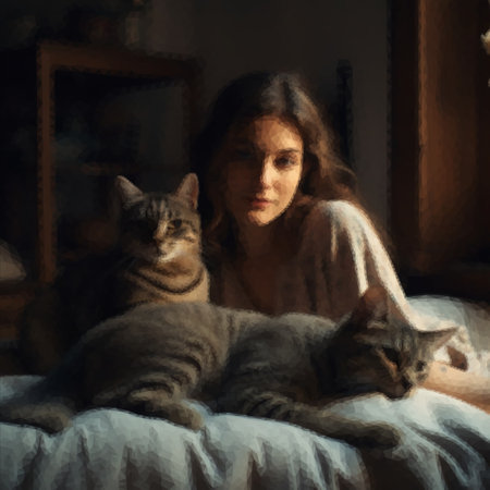 Young woman lovingly hugging her catの写真素材