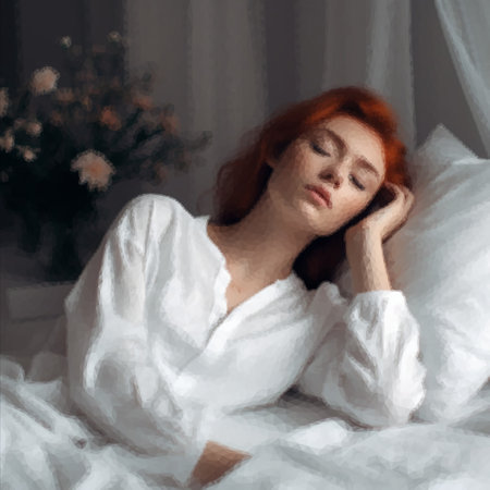 Beautiful woman falls asleep at night in her bedroomの写真素材