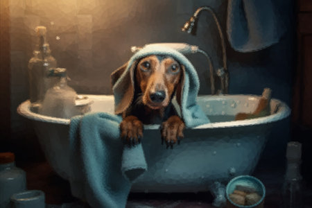 Cute dachshund dog bathes in the bathの写真素材