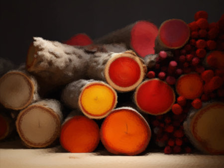 A cut of a tree, many trunks. Background from many tree trunks. Cracks and growth rings on tree sectionsの写真素材