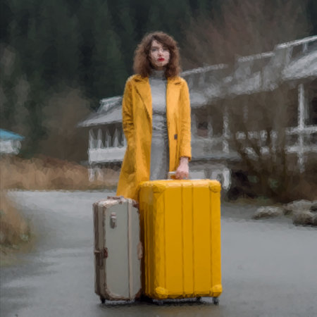Pretty woman with big yellow suitcase is ready to travelの写真素材
