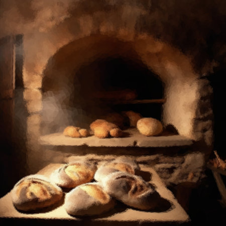 Lots of crispy fresh loaves of bread near the hot stove in the rustic kitchen. Vintage imageの写真素材