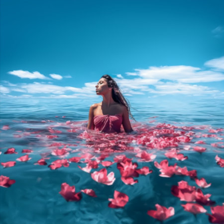 Portrait of a happy woman with flowers underwaterの写真素材