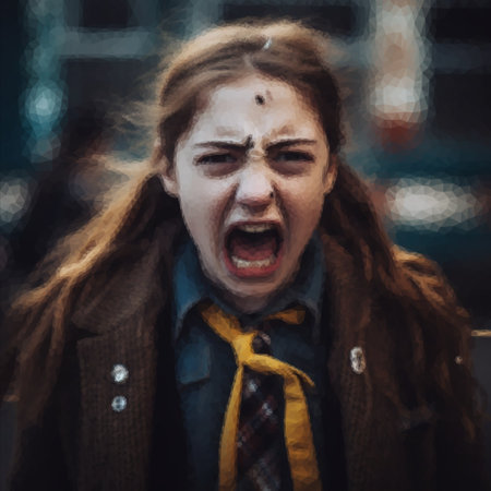 Portrait of a schoolgirl who screams loudly in anger and resentmentの写真素材