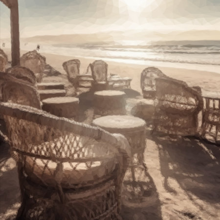 Cafe on the shore of the sandy pool. Beautiful wicker chairs and tables of a street cafe on the seashoreの写真素材