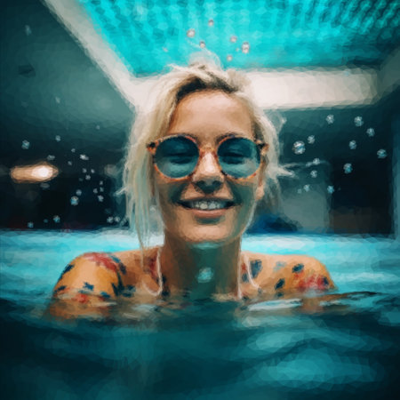 Vibrant image of a woman floating in the waterの写真素材