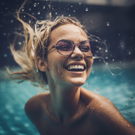 Portrait of a laughing woman in a swimming pool outdoors in summer. Woman in sunglasses having fun swimming in the poolの写真素材