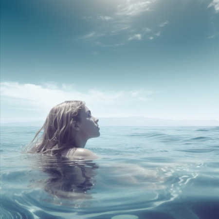 Vibrant image of a woman floating in the waterの写真素材