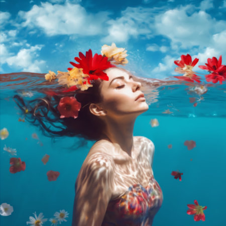 Portrait of a happy woman with flowers underwaterの写真素材