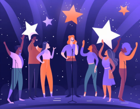 Customer feedback, online review concept. Vector flat illustration of service rating with people holding five gold stars, like symbols and laptop on black backgroundの写真素材