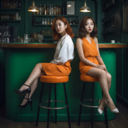 Two beautiful young women stand near the bar in the bar during a partyの写真素材