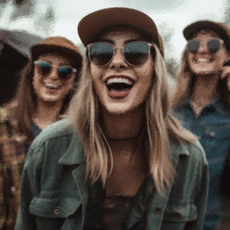 Group of cheerful laughing women in tsaki color clothes and aviator sunglassesの写真素材