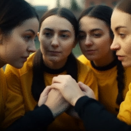 Womens team in preparation for a match or competition. Women in a sports team support each other...
