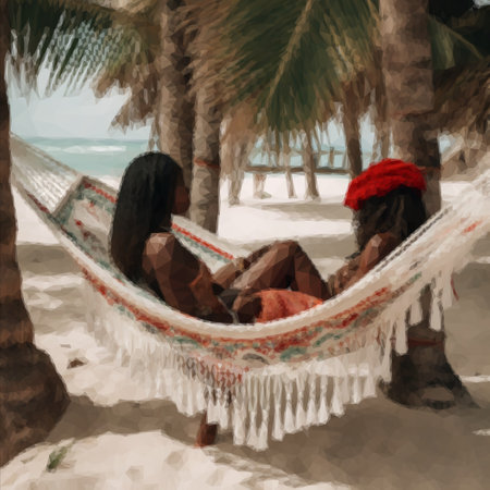 An image of an African American woman in a beautiful dress relaxing on a sandy coast in a hammock.の写真素材