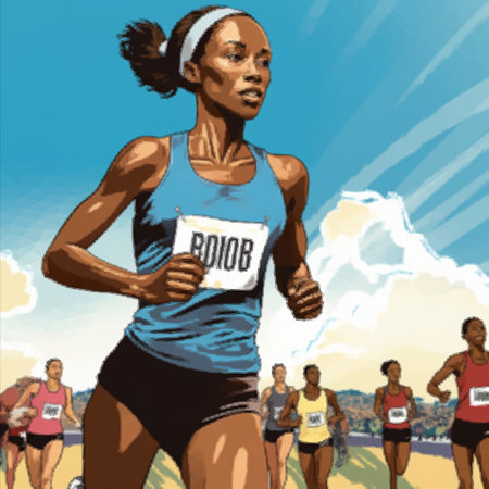 Young afro american woman in running competition winsの写真素材