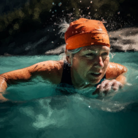 Happy old pensioner woman swims in the poolの写真素材