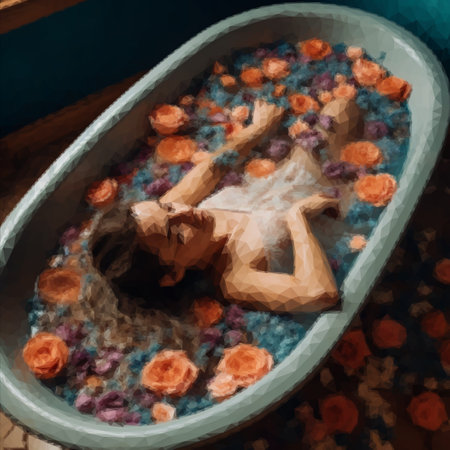 Image of a woman taking a luxurious bath with flower petalsの写真素材