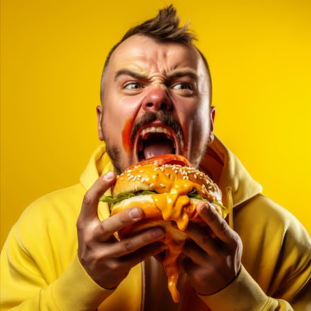 Man eating big hamburger over isolated yellow background