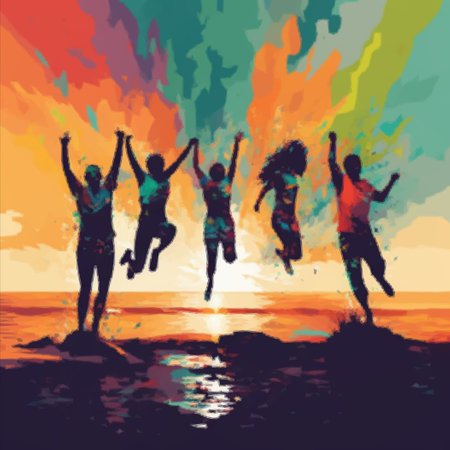 Image of silhouettes of a company of people on the seashore. Friends bounce with happiness and good mood. People pose for a good photo as a memento of the holidayの写真素材