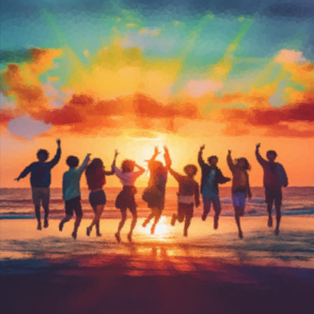 Image of silhouettes of a company of people on the seashore. Friends bounce with happiness and good mood. People pose for a good photo as a memento of the holidayの写真素材