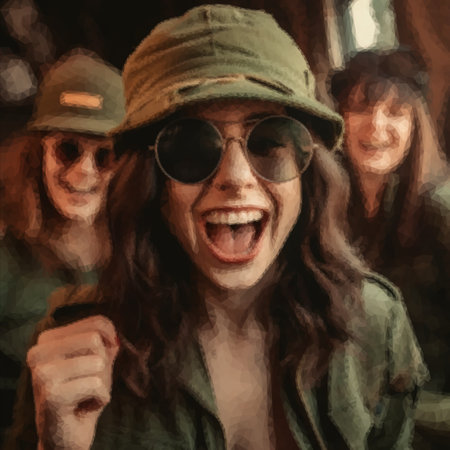 Group of cheerful laughing women in tsaki color clothes and aviator sunglassesの写真素材