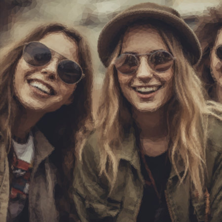 Group of cheerful laughing women in tsaki color clothes and aviator sunglasses