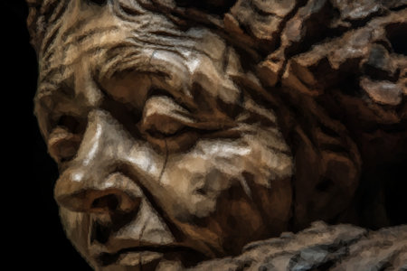 The art of wood carving, architecture. Vintage image of an old man or sage with a beardの写真素材