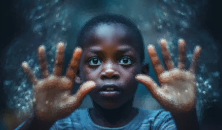 Little African American boy holding out his hand in a stop signの写真素材
