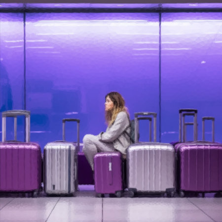 Woman with suitcases waiting for her flightの写真素材