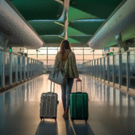 Woman with suitcases waiting for her flightの写真素材