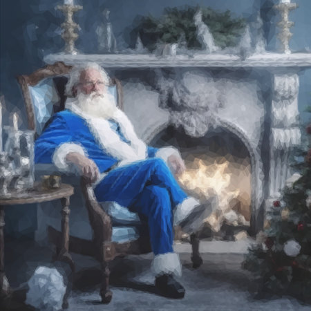 Portrait of Santa Claus resting at home by the fireplace in his spare timeの写真素材