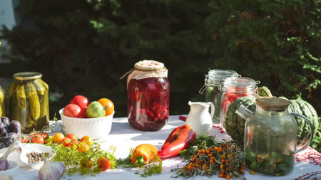 Compotes canned for the winter stand on the table on a warm autumn sunny day. Household chores, collecting and preparing organic vegetables and fruits for the winter on a farmの写真素材