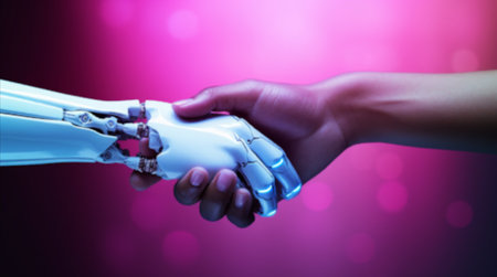 Close-up of a human hand and a robot armのイラスト素材