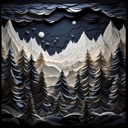 Monochrome image of snow-capped mountains, coniferous forest at nightの写真素材