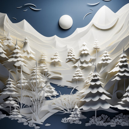 Monochrome image of snow-capped mountains, coniferous forest at nightの写真素材