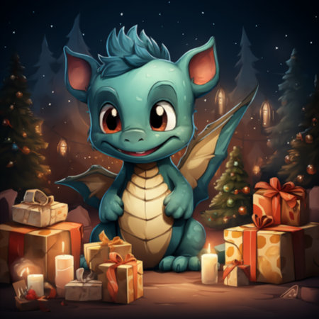 Little dragon opening Christmas giftsのイラスト素材