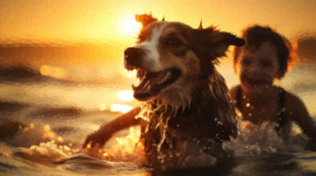 Little boy splashing in the lake with dog in the rays of the setting sunのイラスト素材