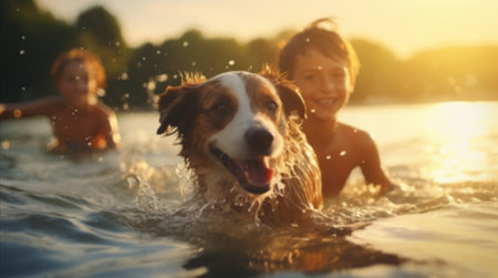 Little boy splashing in the lake with dog in the rays of the setting sunのイラスト素材