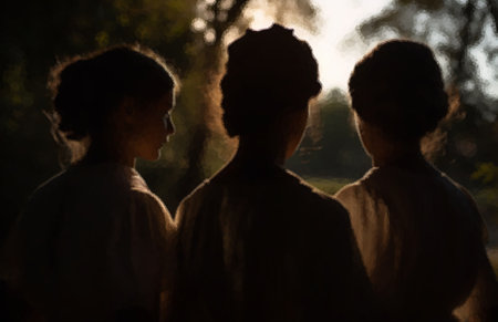 Silhouettes of women in the sunset backlight in the park. Girlfriends are walking in the evening gardenの素材