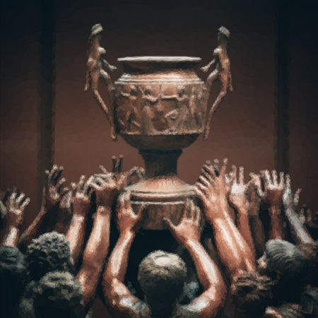 Historical depiction of a group of men raising the cup of victory over their heads.の素材