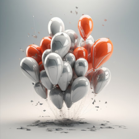 Silver and red balloons on an isolated gray background.の素材